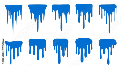 Collection of blue dripping paint splatters on white background.