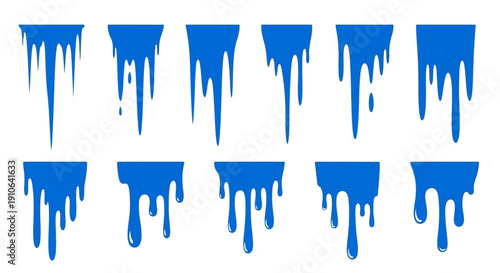 Collection of blue paint dripping shapes on white background.