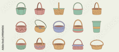 Easter Basket Clipart Collection PNG, Wicker Basket Illustration Bundle, Colorful Gift Basket Design Art, Pastel Easter Hamper Graphic Set, Picnic Basket Drawing Clipart Art, Spring Basket Sticker She