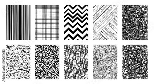 Collection of various black and white texture patterns and designs.