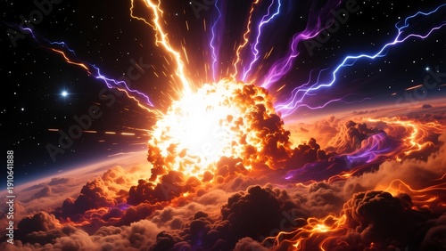 Wallpaper Mural A massive thunderstorm with lightning illuminates the dark sky above a planet surrounded by vibrant aurora displays and clouds Torontodigital.ca