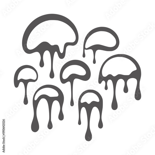 Minimalist ink of seven dripping mushroom shapes in dark gray