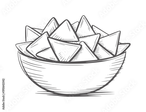 Minimalist line of a bowl filled with tortilla chips food snack