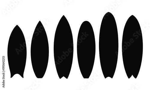 Set with Surfboard Icon, black silhouette vector illustrations of different surfboard types, beach and water sports symbols, surfing lifestyle graphics, summer activity icons, and professional vector 