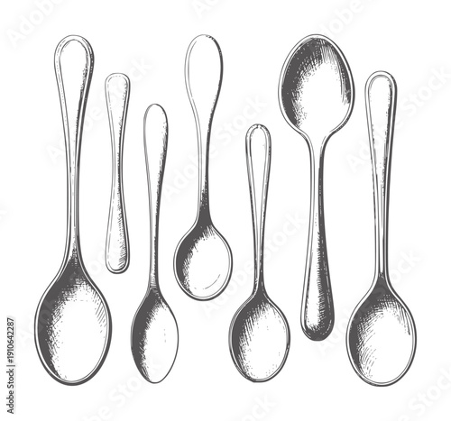 Seven pencil of various sized spoons cutlery utensil kitchen