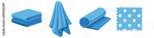 Collection of blue towels in different states: folded, hanging, rolled, and fabric swatch