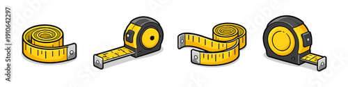 Set of four yellow measuring tapes in different positions and states of extension