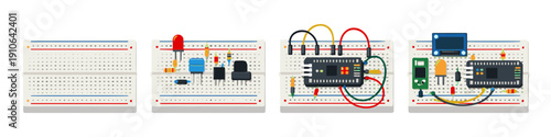 Electronic circuit development progression on breadboards from basic to complex