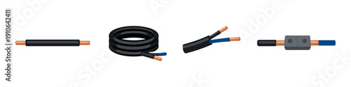 Electrical wire and cable components including a single wire, coiled cable, and connected wires