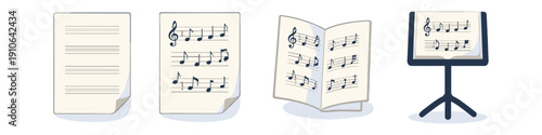 Collection of musical notation sheets and a music stand with sheet music