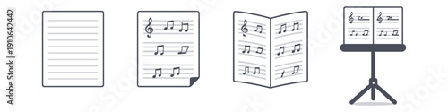 Evolution of musical notation from blank paper to sheet music on a stand