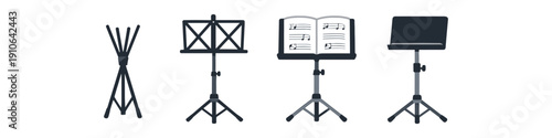 Collection of four different music stands with varying designs and functions