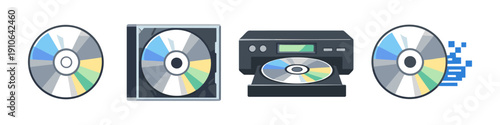 Collection of CD icons showing disc, case, player, and data loss
