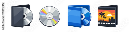 Collection of digital media storage icons including CDs and cases