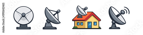 Collection of satellite dish icons representing communication and home entertainment technology