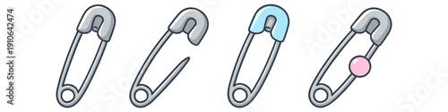 Collection of four safety pins, one with a blue head and another with a pink bead
