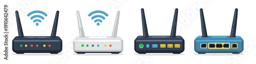 Collection of four wireless internet routers in different colors and designs