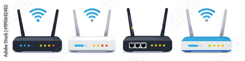 Collection of four wireless internet routers with Wi-Fi signals displayed above