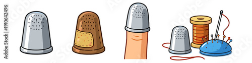 Collection of sewing thimbles and sewing supplies on a white background