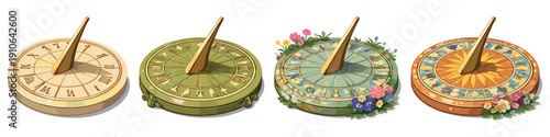 Collection of four decorative sundials with Roman numerals and floral accents