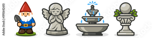 Collection of garden ornaments including a gnome, angel, fountain, and urn