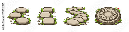 Collection of illustrated garden path elements with stones and grass