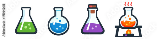 Set of four colorful laboratory flasks with different chemical reactions and experiments
