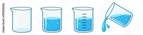 Four beakers showing different levels of blue liquid and one pouring out