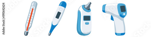Collection of four different types of thermometers for measuring body temperature