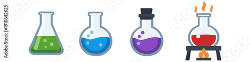 Four laboratory flasks with colorful liquids and one heating on a stand