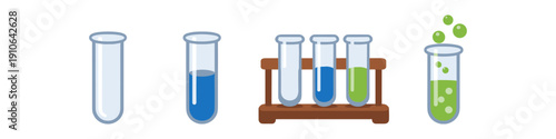 Set of laboratory test tubes with different liquids and bubbling reaction
