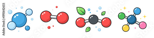 Collection of colorful cartoon molecules and atoms with sparkling effects