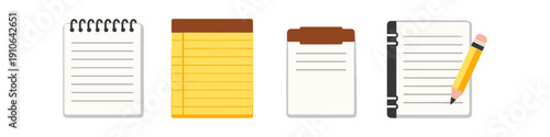 Collection of four different notepad and notebook designs with writing elements