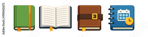 Collection of four distinct notebook and planner icons with different designs and colors