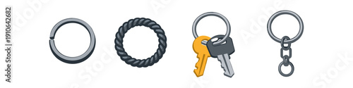 Collection of four different keychains and keyrings on a white background