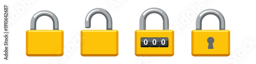 Four yellow padlocks showing different security states and types on a white background
