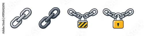 Set of chain links and locked chains with padlock icons representing security and connection