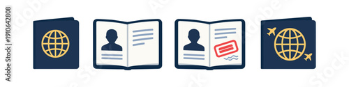 Collection of passport icons showing travel and identification documents