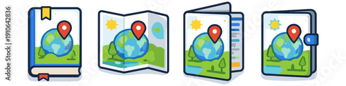 Collection of travel and navigation icons featuring the Earth and location pins