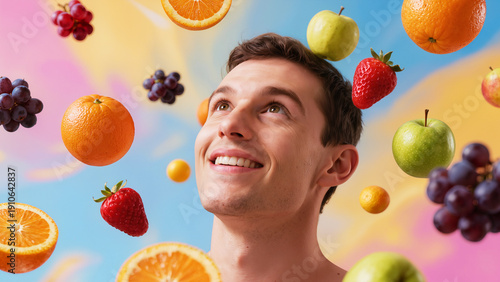 Young man smiling among floating fruits against bright pastel background.
