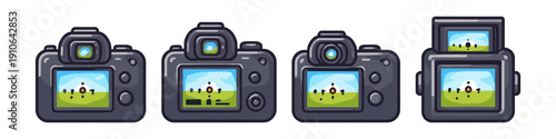 Collection of four cartoon digital cameras showing landscape viewfinders