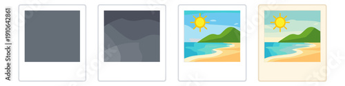 Four polaroid photos showing a progression from blank to a vibrant beach scene