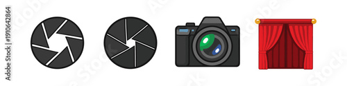 Camera aperture icons and a digital camera with red theater curtains