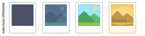 Four instant photo frames showing a progression from blank to colorful landscape scenes