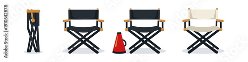 Collection of director's chairs and megaphone for film production and creative industry