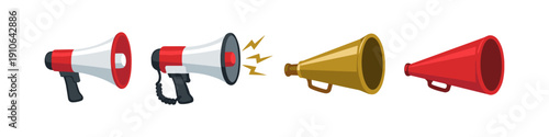 Collection of four different megaphones and bullhorns for broadcasting messages