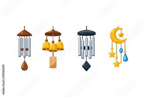 Collection of four decorative wind chimes with various designs and shapes