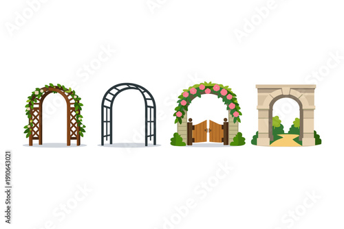 Collection of four distinct garden archways and gates, showcasing diverse architectural styles