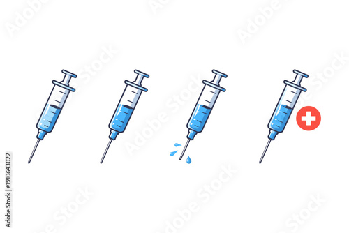 Set of four cartoon syringes with blue liquid and medical symbol