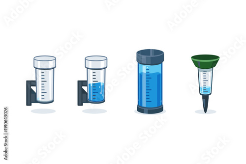 Collection of rain gauges with measurement markings for weather monitoring